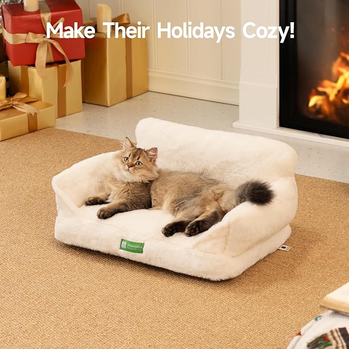 MEWOOFUN Cat Bed for Indoor Cats, Fluffy Cat Sofa with Removable Washable Cover, Cute Cat Couch with Non-Slip Bottom (White, 22x15x10)