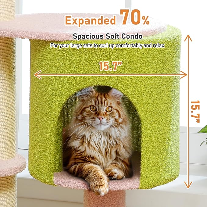 50" Pink Flower Cat Tree for Large Heavy Cats, Maine Coon Cat Tower with Extra Thick Scratching Posts (φ4.3in), Spacious Cat Condo for Big Cats 20 lbs, Soft Top Bed-Green