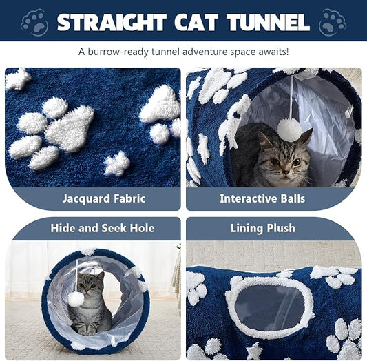 Straight Cat Tunnel for Indoor Cats 47"x12", Cute Cat Toys Collapsible Tunnel Tube with Balls for Puppy Kitten Rabbit, Blue Paw