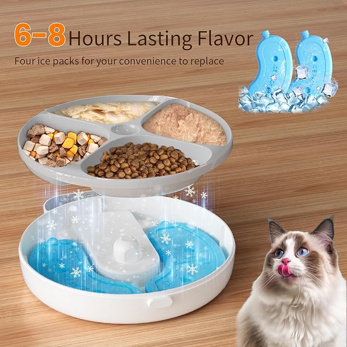 Automatic Cat Feeder Wet&Dry Food-Cordless Pet Food Dispenser-Pet Fresh Food Refrigerated Container with 2 Ice Packs,Programmable Timer Battery Powered Feeder for Cat Samll Dog-4 Meals Per Day-White