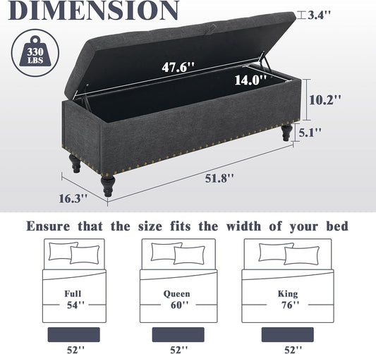 Mangodan51” Linen End of Bed Storage Bench, Tufetd Upholstered Storage Ottoman Bench with Safety Hinge, 330 lb Large Ottoman with Storages for Living Room, Entryway & Bedroom, Window Benches, Grey