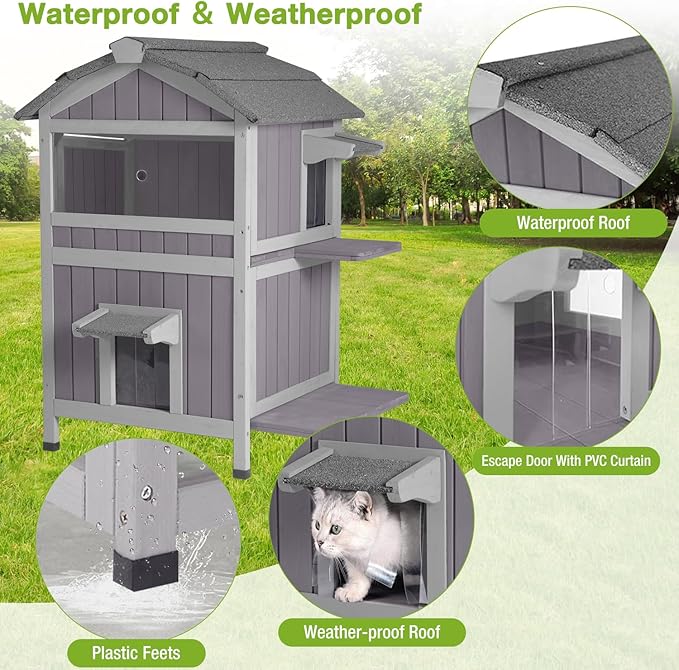 Cat Houses for Outdoor Cats 2-Story Large Cat Condo for Multiple Cats, Weatherproof Feral Cat Shelter with Window, Easy Clean Wood Kitty House
