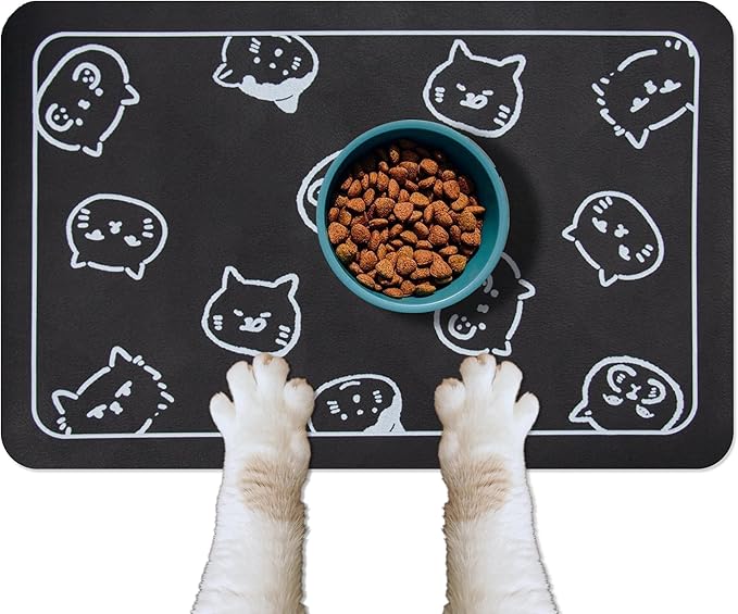 YCT Cat Food and Water Mat for Pets - Non-Slip Super Absorbent Dog Bowl Mat With Multiple Cat Heads Logo - 24 x 16.9 Inches, Black