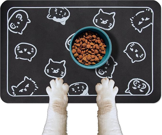YCT Cat Food and Water Mat for Pets - Non-Slip Super Absorbent Dog Bowl Mat With Multiple Cat Heads Logo - 24 x 16.9 Inches, Black