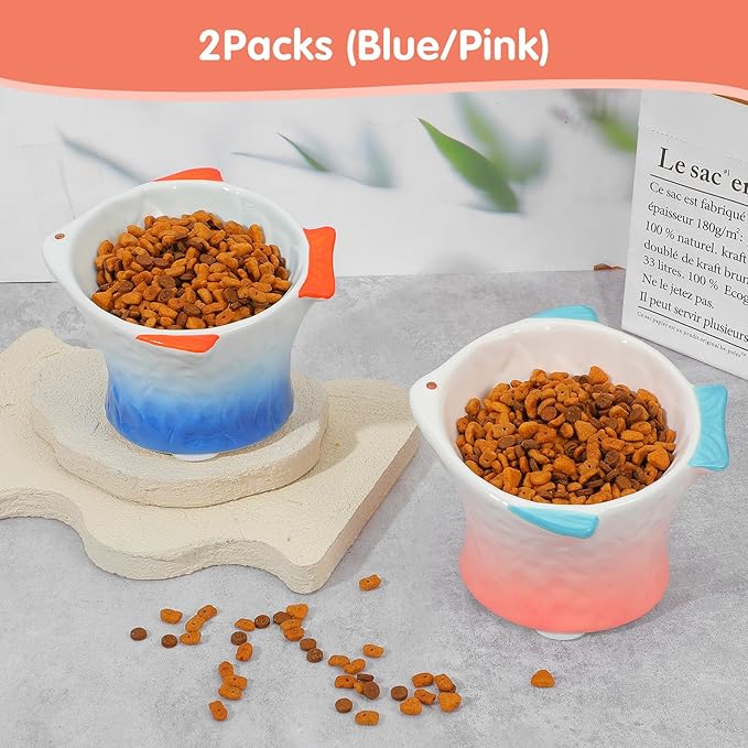 2 Pcs Raised Tilted Ceramic Cat Food Bowl, Cute Elevated Slanted Shallow Shallow Angled Fish Shape Cat Bowl, Non Slip Cats Feeding Bowls for Anti-Vomiting and Whisker Fatigue (Blue, Pink)