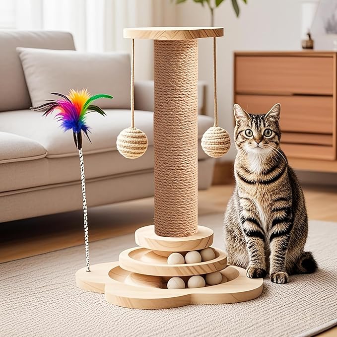 Cat Scratching Post 16'' Tall Cat Scratching Posts for Indoor Cats Adults with Hanging Ball and Interactive Wooden Ball Sisal Rope Cats Scratch Post