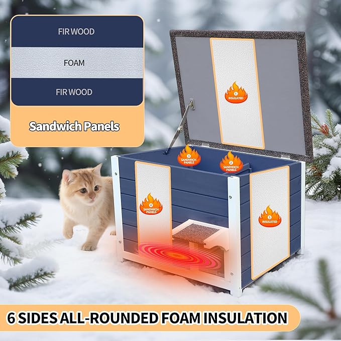 Rockever Outdoor Cat House, 100% Insulated Cat House for Outdoor Cats Weatherproof Feral cat House for All-Round Foam Layers Filling (Blue, L)