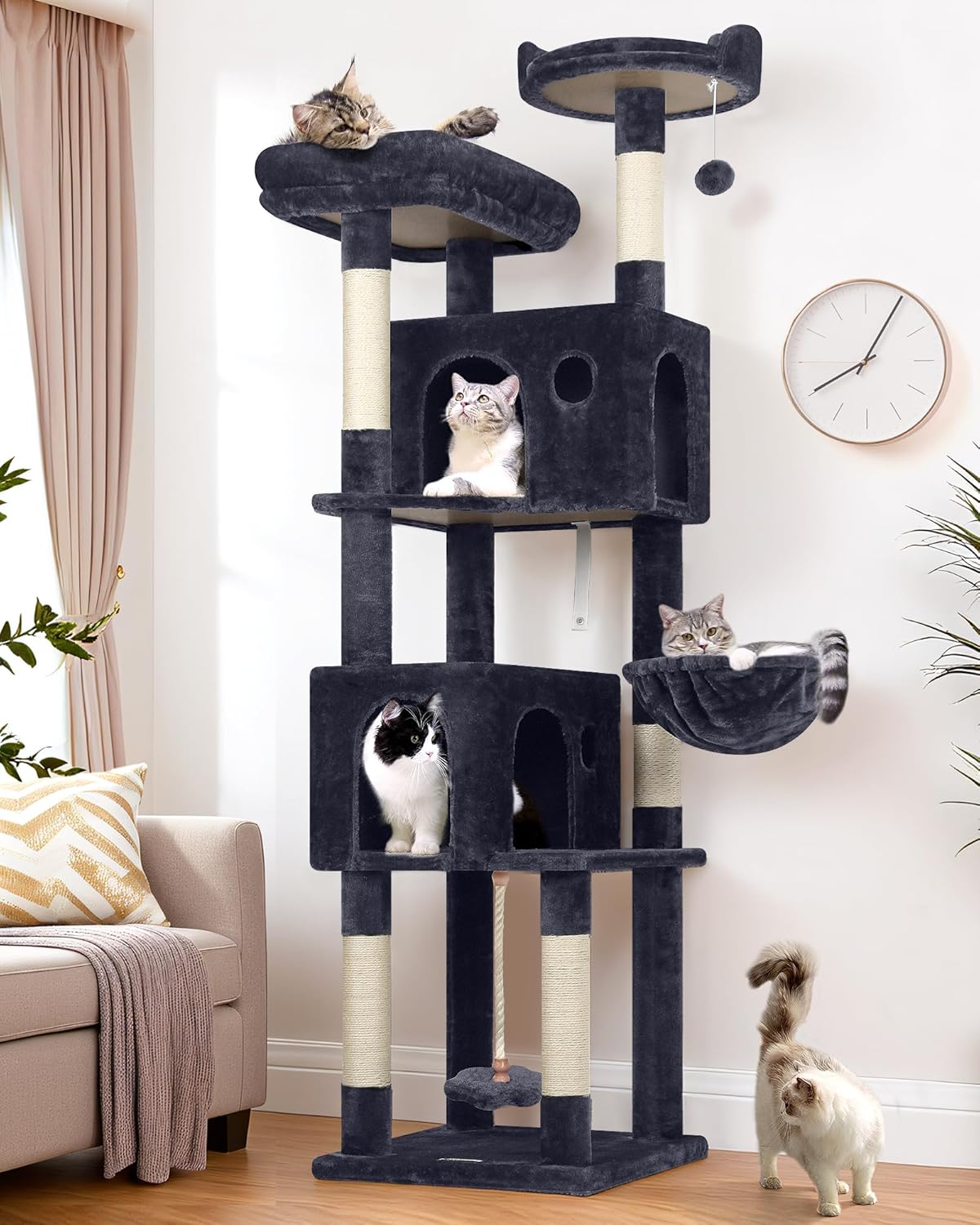 Globlazer Cat Tree, 70 inch Tall Scratching Tower Multi-Level Cat Condo for Indoor Multiple Cats with 2 Large Cat Caves, Top Perch, Large Platform, Bottom Swing, F70B, Dark Grey