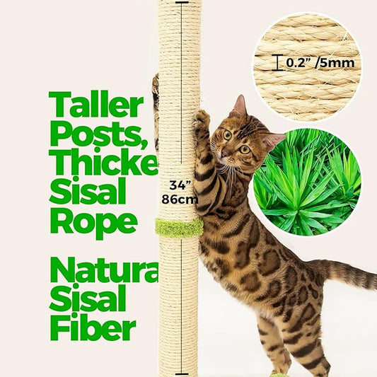 TINYBEAST 34" Tall Cat Scratching Post for Indoor Cats, Premium Natural Sisal Scratcher with Interactive Plush Toy Ball, Reinforced Stable Base for Large Adult Cats & Kittens(Beige)