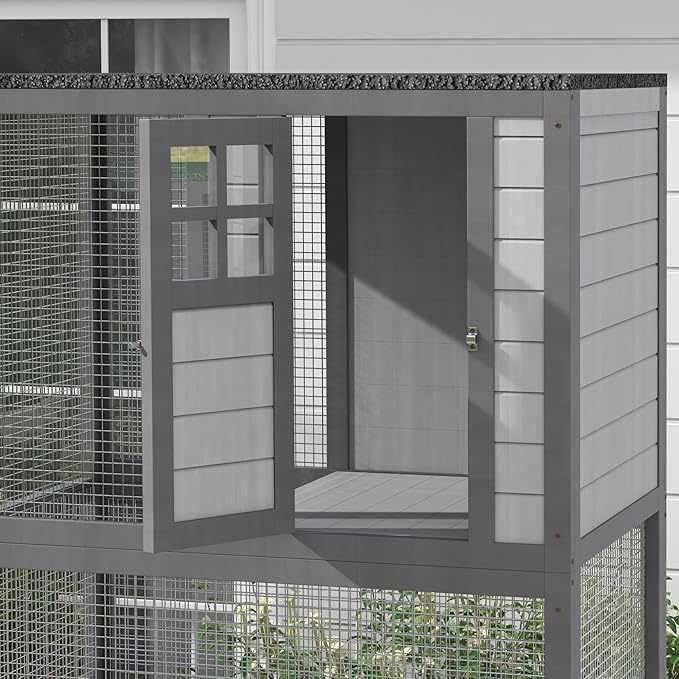PawHut 74" Wooden Catio Outdoor Cat Enclosure Weatherproof & Wheeled, Outside Cat House with High Weight Capacity, Kitten Cage Condo, Dark Gray