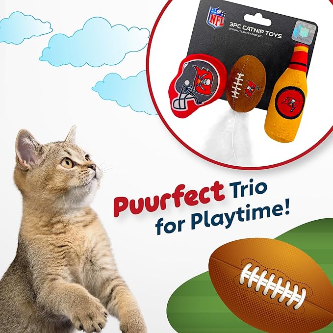 BEST PLUSH CAT TOY - NFL TAMPA BAY BUCCANEERS Complete Set of 3 piece Cat Toys filled with Fresh Catnip. Incld: 1 Helmet Cat Toy, 1 Football Cat Toy with Feathers & 1 Beer Bottle. Beautiful Team LOGOS