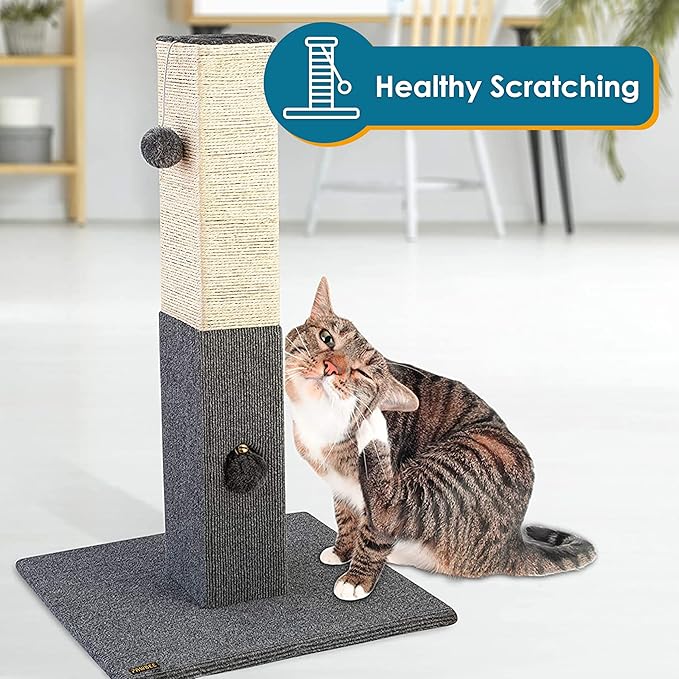 PAWBEE Cat Scratching Post - Tall 32” Sisal Rope Cat Scratch Post + Jingle Bell & Softball - Playful, Quality, & Sturdy - Scratcher Pole Tower - Scratching Posts for Indoor Cats Adults Large Cats