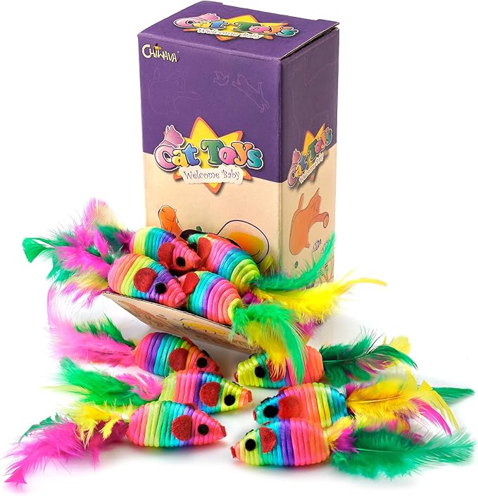CHIWAVA 24PCS 5" Rattle Cat Toys Mice with Feathers Rainbow Rope Mouse Kitten Interactive Toy Assorted Color