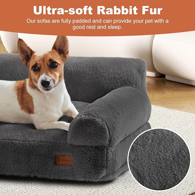 Dog Couch Bed - Cat Bed for Indoor Cats, Calming Pet Sofa Puppy Sleeping Bed with Removable Washable Cover, Cute Dog Couch and Lounge Chair for 45lbs Cats & Small Medium Dogs(Dark Grey)