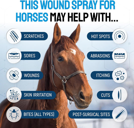 Horse Wound Care Spray with Silver – Wounds, Scratches, Cuts, Abrasions, Itching, Hot Spots, Skin Irritation – First Aid Solution and Breeds – 4 Oz