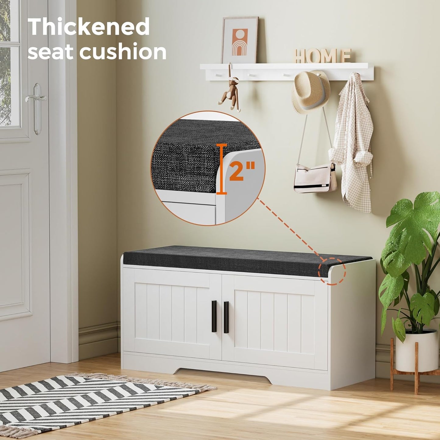 2-Tier Storage Bench, Shoe Bench with Thickened Padded Seat Cushion, Entryway Bench with 2 Doors, Adjustable Shelf, 13.8" D x 37.4" W x 18.5" H, for Entryway, Living Room, Bedroom, White