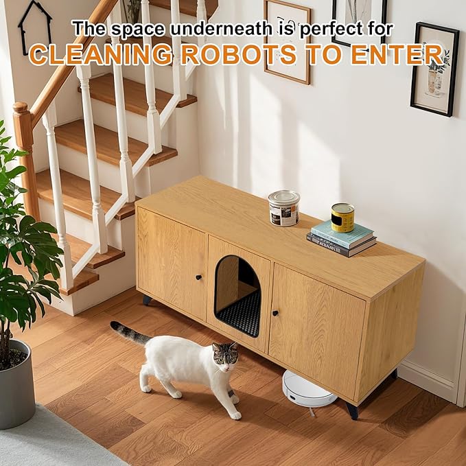 Cat Litter Box Enclosure for 2 Cats, Modern Hidden Litter Box Furniture with Double Room, Large Cat House Washroom Cabinet with Scratch Pad, 46.5" x 19.7" x 19.7" (Natural Oak)
