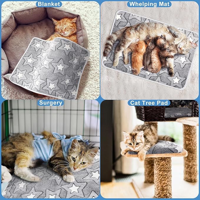 2 Pcs Warming Cat Pad Reflects Heating Dog Crate Self Warming Pad Gray Nursing Cat Blankets Bed Mat for Newborn Kittens Puppies Elder Dog Washable (Double Star,24 x 18)