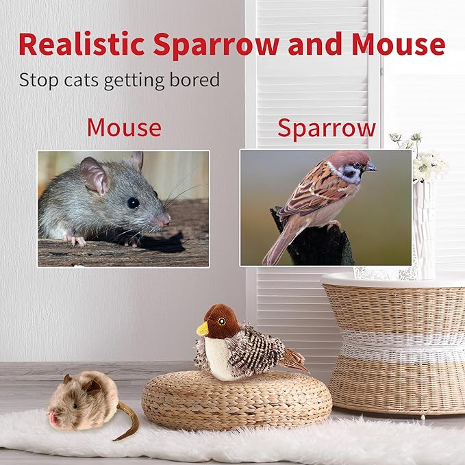 PETGEEK Gigwi Chirping Bird Cat Toy, Fake Simulated Toys for Indoor Cats, Melody Chaser Toys with Hanging Loop for Bored Indoor Adult Cats Kittens Interactive Play (Bird Mouse Set)