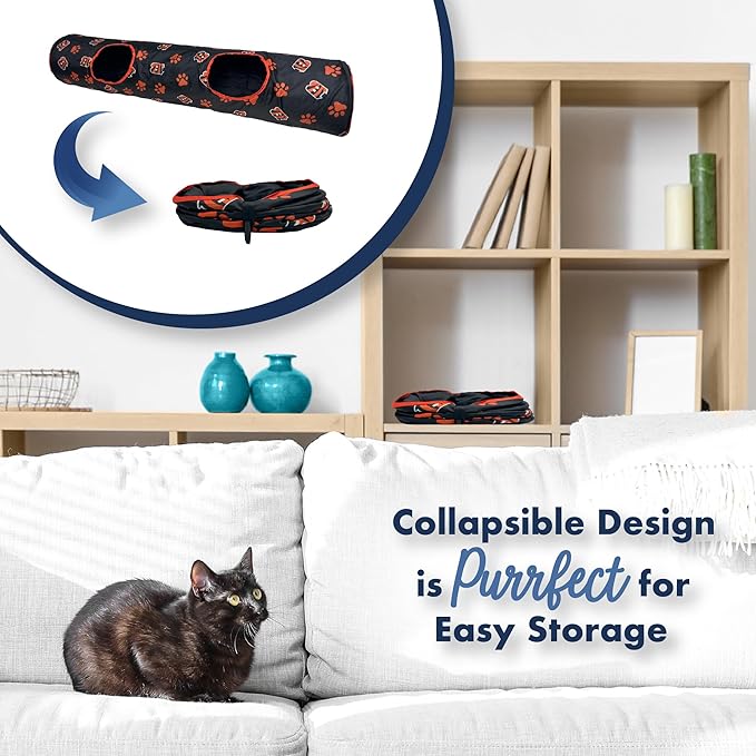 NFL Cincinnati Bengals Cat Tunnel Tube Toy with Plush Football Catnip and Feathers Collapsible Tunnel for Cats to Play, Peek and Hide, Sporty & Fun Cat Tunnel Toy with Team Logo All-Over Design!