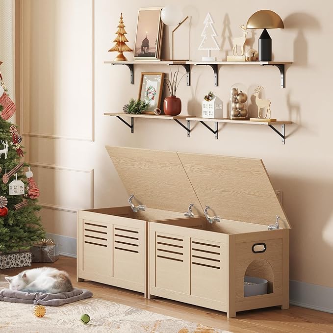 DINZI LVJ Litter Box Enclosure, Flip Top Litter Box Furniture, Hidden Cat Washroom, Wooden Cat House, End Table, 31.5" L x 19.7" W x 19.7" H, Good Ventilation, Easy to Assemble, Natural