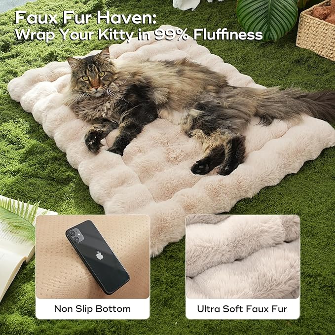 Plush Cat Beds for Indoor Cats Faux Fur Pet Mat with Non-Slip Bottom Cozy Kitten Bed for Carriers/Couch/Floor/Dog & Puppy Friendly 23 x 15 Inch Medium Coffee