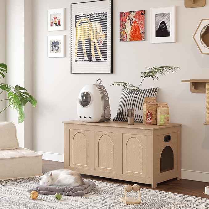 DINZI LVJ Cat Litter Box Enclosure, Flip Top Litter Box Furniture, Farmhouse Hidden Cat Washroom, Wooden Pet House, End Side Table, 39.4" L x 19.7" W x 19.7" H, Sturdy and Easy to Assemble, Natural