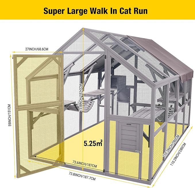 Aivituvin Catio Outdoor Cat Enclosure Large Cat Run with Bridges, Walks, Small Houses, Roof Cover 110"