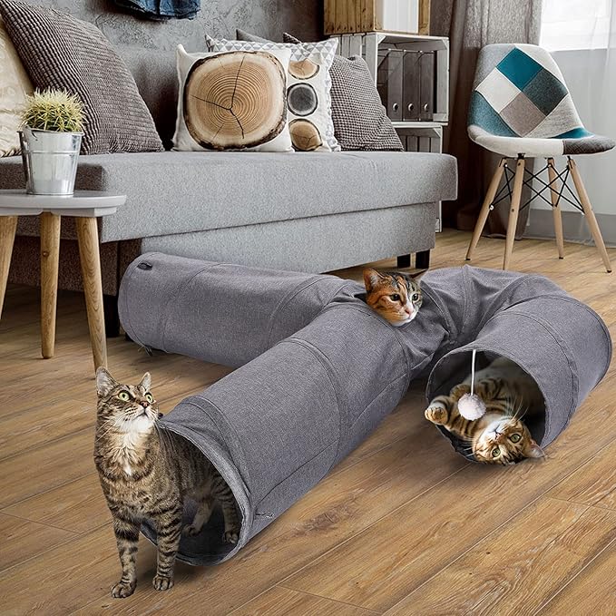 Ownpets Cat Tunnel Large 3 Way Collapsible Cloth Pet Tunnel Tube with Plush Ball & Feather Toy, U-Shaped Cat Play Tunnel for Indoor Cat, Puppy, Kitty, Kitten, Rabbit(Gray)