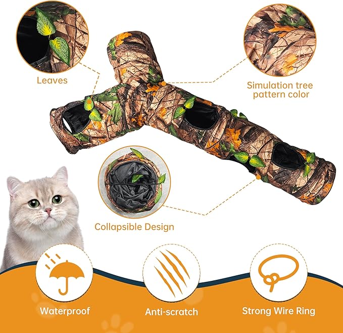 Cat Tunnels for Indoor Cats Large, 3 Way Cat Tunnel with 5 Holes and Leaves, Cat Tunnel Toy with Loud Paper - Pop Up Collapsible - Connect More Tunnels for Large Cat, Puppy, Kitten