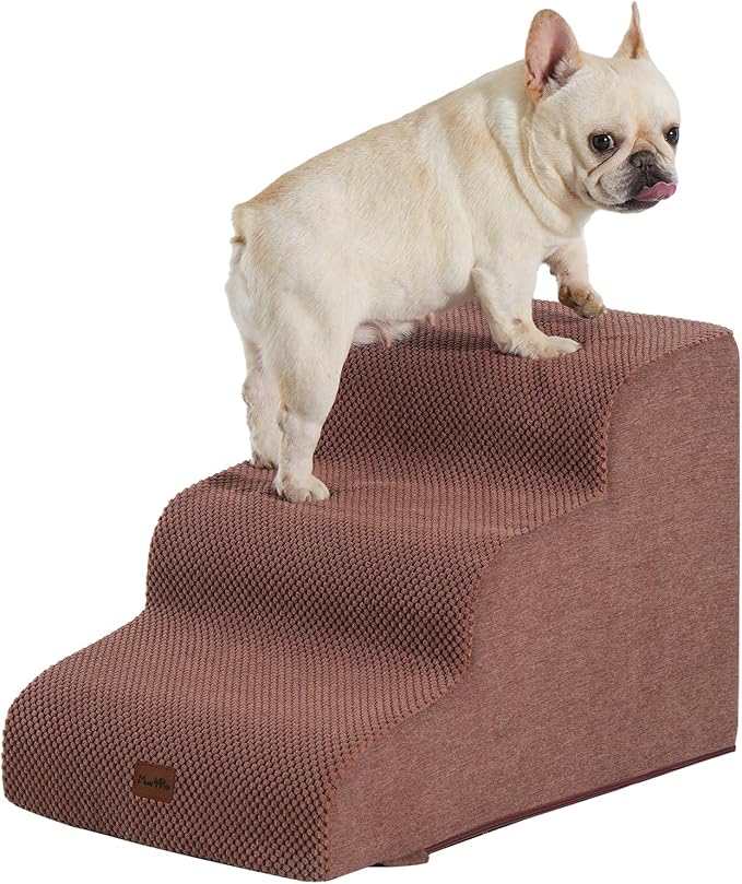 Made4Pets Dog Stairs Ramp for Small Dogs, 3-Step Dog Steps for Bed Couch Sofa and Chair, 35D Foam Pet Steps for Small Dogs and Cats, Non-Slip Bottom Pet Stairs, Brown