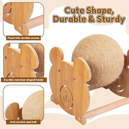 Outamateur Cat Scratching Ball Toy, Sisal Scratching Ball with Cute Stable Stand, Interactive Play and Exercise Toy for Kittens, Cats, Small Pets (Bear)
