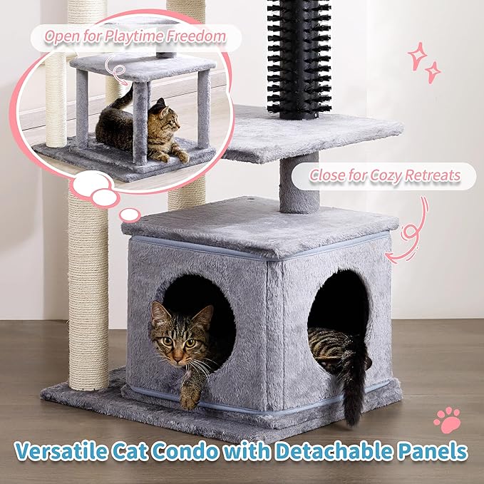 Made4Pets 52.4" Tall Multi-Level Large Cat Tower for Indoor Cats With Scratching Posts, Pompoms, Grooming Brush and Perch - Grey