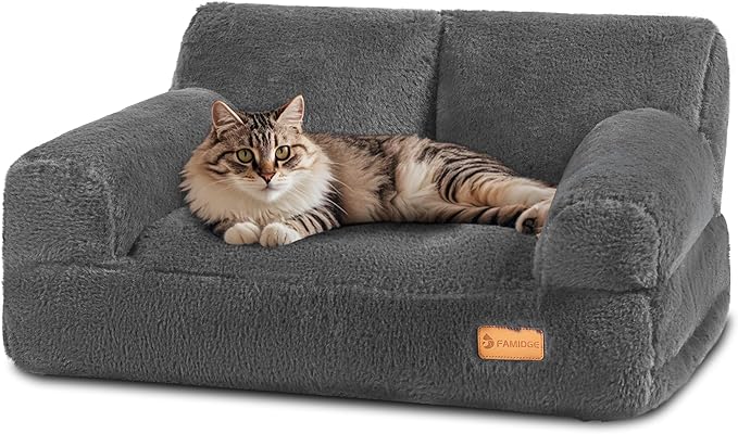 Cat Couch Bed - Cat Bed for Indoor Cats, Calming Pet Sofa Puppy Sleeping Bed with Removable Washable Cover, Cute Dog Couch and Kitty Lounge Chair for 20lbs Cats & Small Dogs(Dark Grey)