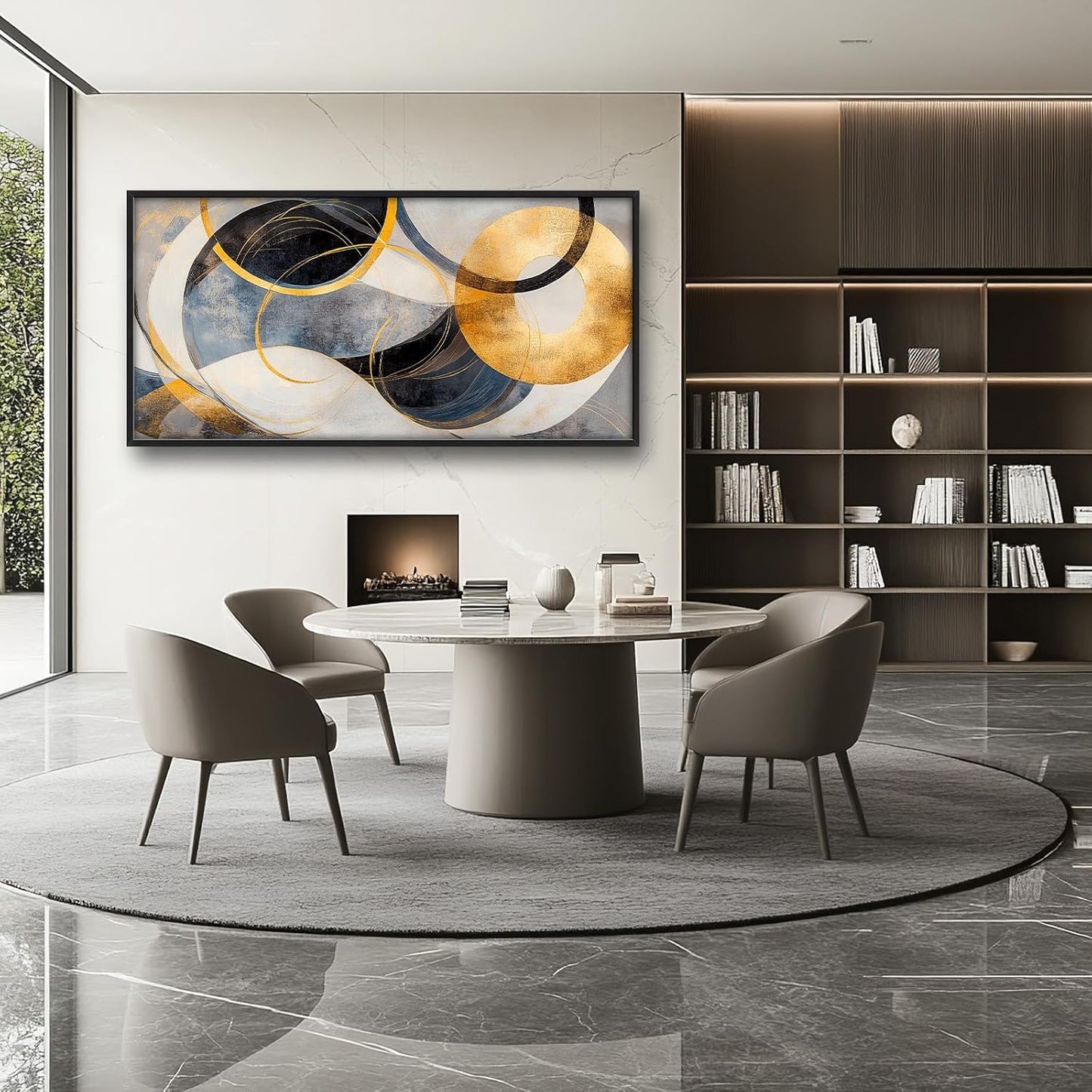 Large Abstract Wall Art for Living Room, Oversized Abstract Circle Wall Decor, Black and Golden Abstract Canvas Painting Modern Artwork Home Decoration for Living Room Bedroom Office Framed 60"x30"