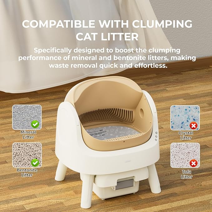 Automatic Litter Box, Self Cleaning Litter Box with Open Top Design, Integrated Safety Protection, Included Mat and Liner, Brown
