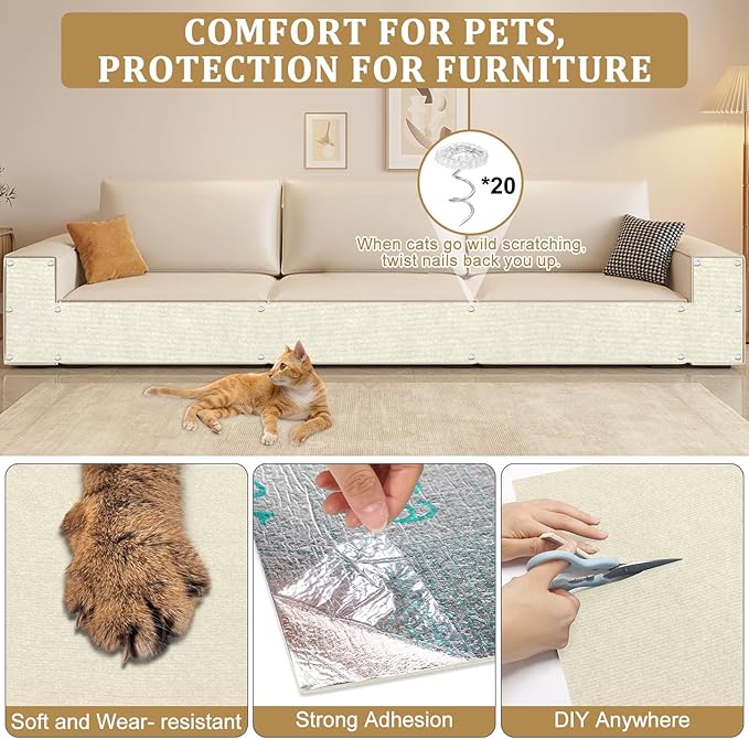 2 Pcs 78.7"x15.8" Cat Scratch Mat, Trimmable Self-Adhesive Carpet, DIY Climb Cat Scratcher for Couch, Furniture or Wall Protection, Cat Tree Cover and Scratching Post Replacement Pad