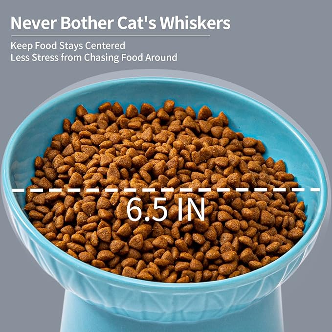 OMAYKEY 6.5 Inch Extra Wide Ceramic Raised Cat Bowls, Porcelain Tilted Elevated Cat Food Water Bowl Dish, Stress Free Pet Feeder Bowls Dishes for Elder Big Cats & Small Dogs, White & Blue