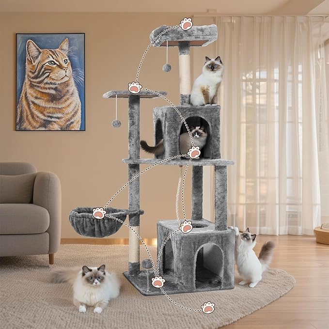 Cat Tree, 54-Inch Cat Tower for Indoor Cats,Plush Multi-Level Cat Condo with Scratching Posts, Basket, Perches,2 Caves,2 Pompoms(Gray)