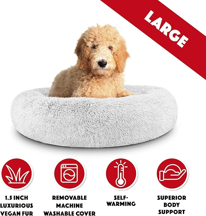 The Dog’s Bed Donut Large Dog Bed, Sound Sleep, Ice White Fur Calming Nest Bed, Veterinary Approved