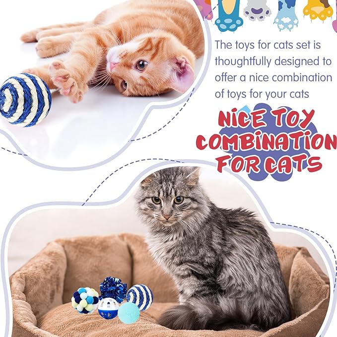 46 Pcs Cat Toys Set Interactive Cute Cat Toys Include Fur Mice Rattle Springs Crinkle Balls Pompom Bell Sisal Ball Puzzle Chase Toys for Kitten Indoor Stuff Gift(Blue)