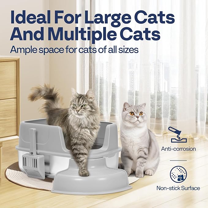 VIVOHOME XL Stainless Steel Cat Litter Box with Cover and Steps, 23'' x 17'' x 12'' Large Metal Litter Box for Cats with Scoop, Easy to Clean, Non-Slip, Ideal for Big or Multiple Cats, Light Gray