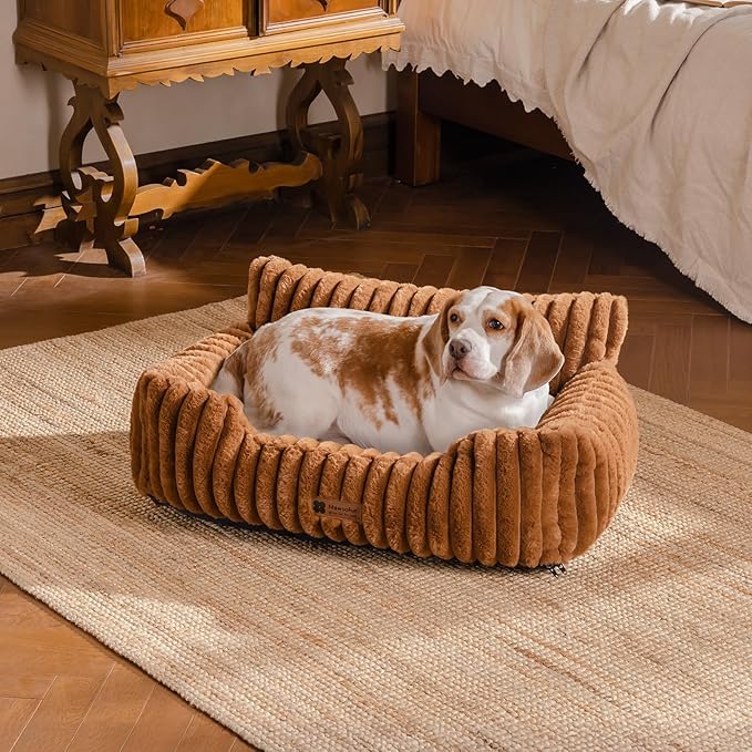 MEWOOFUN Dog Couch Bed, Fluffy Small Dog Bed with Removable Washable Cover, Supportive Cat Couch for Cats & Dogs up to 25 lbs (Brown, 30x21x12)
