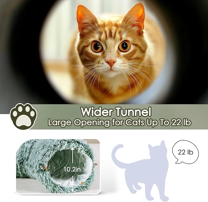 Cat Tunnel Bed for Indoor Cats, Catasaurus Peekaboo Cat Cave with Washable Soft Play Mat, Furry Cat Tube, for Kitten/Puppy/Rabbit, Green