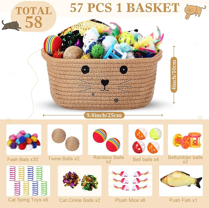 Zopeal 58 Pcs Cat Storage Basket Gift Toys Set, Colorful Flashing Balls Pet Bell Crinkle Balls Spring Toys Attract Cat to Swat, Bite, Hunt, Interactive for Pet(Khaki,9.8 Inch)