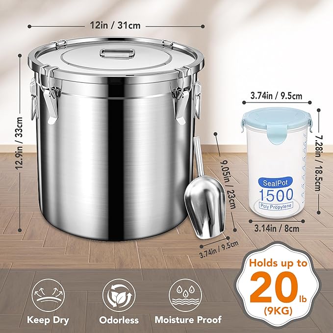 Dog Food Storage Containers, Large Stainless Steel Pet Food Storage Containers 20 lb / 9 kg to Keep Fresh, Metal Airtight Cat Food Containers With Scoop and 2 Small Containers