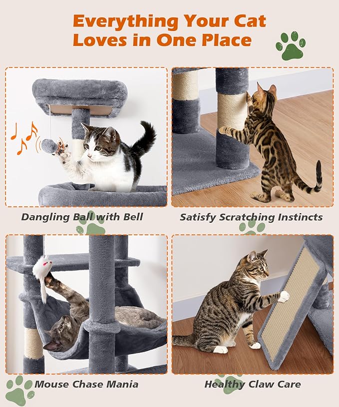 AMHANCIBLE Large Cat Tree, 83 Inch Multi-Level Tall Tower for Indoor Adult Cats, with Scratching Post and Board, Hammock, Condos, Hanging Basket, Activity Center to Play and Sleep, Grey, PT21GY