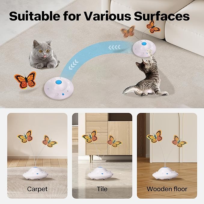 Pet Prime Self Moving Cat Toy for Indoor Cats, Electronic Cat Butterfly Interactive Automatic Rechargeable Toy for Kitten Chasing with LED Light