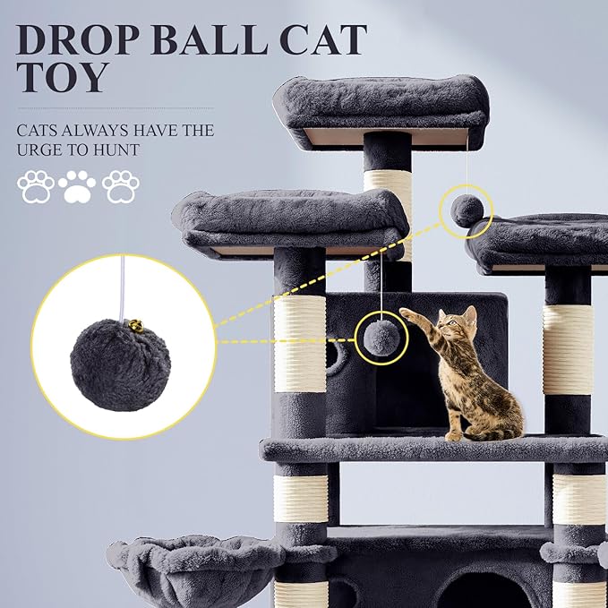 Allewie 68 Inches Cat Tree/House and Towers for Big Feline/Scratching Post/Multi-Level Large Kitty Climbing Tree with Condo/Smokey Grey