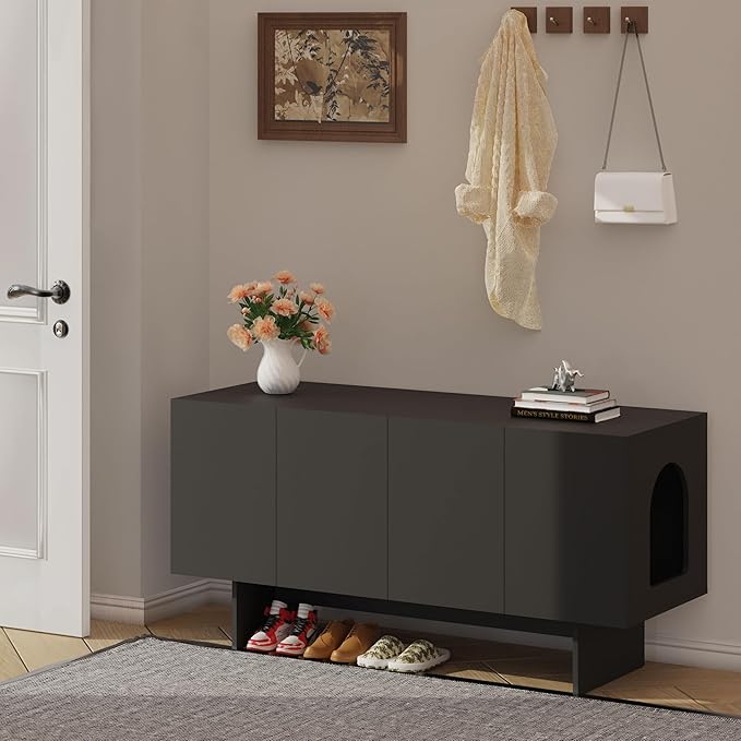 Double Litter Box Enclosure, Litter Box Enclosure for 2 Litter Boxes, Modern Litter Box Furniture for 2 Cats, Scandi Style (Black)